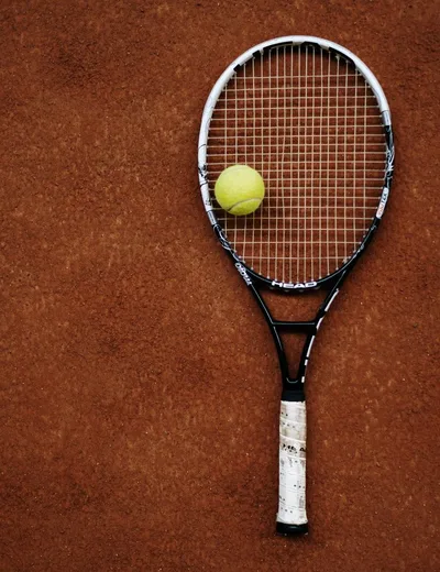Close-up of racket strings and a tennis ball